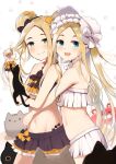  2girls abigail_williams_(fate/grand_order) abigail_williams_(swimsuit_foreigner)_(fate) bangs bare_shoulders bikini black_bikini black_bow black_cat black_skirt blonde_hair blue_eyes blush bonnet bow breasts cat collarbone double_bun dual_persona emerald_float fate/grand_order fate_(series) forehead frilled_bikini frills hair_bow kujiran long_hair looking_at_viewer microskirt miniskirt multiple_bows multiple_girls navel orange_bow parted_bangs polka_dot polka_dot_bow sidelocks skirt small_breasts swimsuit thighs twintails very_long_hair white_bikini white_bow white_headwear 