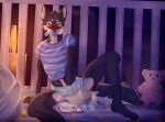 abdl anthro bodily_fluids canid canine canis cozygrey crib diaper domestic_dog genital_fluids hi_res keeper_utonagan male mammal masturbation mixed_breed pacifier plushie solo unclean_diaper urine used_diaper utonagan wet_diaper