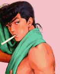  1boy black_hair corrupted_twitter_file diamond_wa_kudakenai drying drying_hair drying_own_hair earrings from_side hand_up hashtag-only_commentary higashikata_josuke highres jewelry jojo_no_kimyou_na_bouken looking_back looking_to_the_side male_focus messy_hair mouth_hold pink_background pompadour portrait purple_eyes santamanymany solo stud_earrings toothbrush toothbrush_in_mouth topless_male towel towel_around_neck twitter_username watermark 
