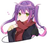  1girl beige_sweater cropped_torso demon_tail ear_bar ear_spike extra_eyes green_eyes hair_ornament hairclip highres hololive jack_black looking_at_viewer multicolored_hair multiple_piercings ohiru_0610 pointy_ears purple_hair red_scarf scarf sidelocks simple_background solo streaked_hair tail tokoyami_towa twintails two-tone_hair virtual_youtuber white_background 