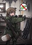  >_< 1girl absurdres animal_ears assault_rifle battle_rifle black_gloves boots brown_hair camouflage camouflage_pants commentary dot_nose ears_down english_commentary fox fox_ears fox_girl fox_girl_(yihan_world) fox_tail gloves green_boots green_jacket green_pants gun highres hood hood_down hooded_jacket indoors jacket m14 m16 m16a1 m21 military_jacket one_eye_closed original pants pants_tucked_in pouch rifle scope solo spoken_object tail tongue tongue_out water_gun weapon weapon_on_back weapon_strap white_eyes wooden_floor yihan_world 