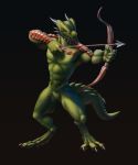  2018 3_toes abs absurd_res anthro argonian bethesda_softworks bow_(weapon) featureless_crotch full-length_portrait green_body green_scales hi_res horn humanoid_hands hyst_(artist) male multicolored_body nude portrait ranged_weapon red_body red_scales scales scalie solo standing symmhusky the_elder_scrolls toes two_tone_body video_games weapon 