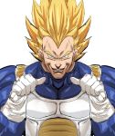  1boy blonde_hair blue_bodysuit bodysuit bow_(bhp) breastplate commentary dragon_ball dragon_ball_z english_commentary gloves green_eyes grin looking_at_viewer muscle pointing pointing_at_self saiyan_armor sanpaku simple_background smile solo super_saiyan super_saiyan_2 upper_body vegeta veins white_background white_gloves 