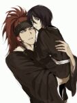 1boy 1girl abarai_renji arm_around_back black_hair black_headband black_kimono bleach commentary_request couple grey_eyes hair_between_eyes hand_on_another's_shoulder headband hetero highres japanese_clothes kimono korean_commentary kuchiki_rukia long_hair medium_hair nicknick84779 parted_lips ponytail red_hair shihakusho sideburns white_background 
