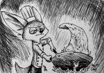  2020 anthro canid canine chef_hat clothed clothing cooking disney fennec finnick fire fox fully_clothed hat headgear headwear hi_res inktober inktober_2020 mammal monochrome solo theblueberrycarrots zootopia 
