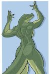  2020 5_fingers alligator alligatorid anthro back_muscles black_eyes blue_background breasts butt crocodilian f_draws female fingers flexing hi_res humanoid_hands looking_at_viewer looking_back looking_back_at_viewer muscular muscular_female nude portrait pupils rear_view reptile scalie side_boob simple_background slit_pupils solo three-quarter_portrait yellow_sclera 