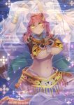  1girl :3 amaterasu_(fate) animal_ear_fluff animal_ears blush breasts commentary_request eyebrows_visible_through_hair fate/extra fate/extra_ccc fate_(series) fox_ears fox_girl fox_tail gold_armor gold_bracelet large_breasts looking_at_viewer merichi_(ogaomega) navel pink_hair sitting solo tail tamamo_(fate)_(all) tamamo_no_mae_(fate) underboob veil yellow_eyes 