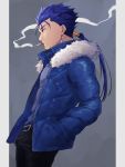  1boy alternate_costume beads belt blue_hair cigarette closed_mouth cowboy_shot cu_chulainn_(fate)_(all) earrings fate/stay_night fate_(series) from_side fuji121 fur-trimmed_jacket fur_trim hair_beads hair_ornament hands_in_pockets highres jacket jewelry lancer long_hair male_focus pants ponytail red_eyes smoke smoking solo spiked_hair type-moon 