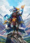  2020 absurd_res anthro armor avian bird_feet blue_body blue_feathers breath_of_the_wild detailed_background feathers front_view full-length_portrait hi_res male nintendo outside plive portrait revali rito solo the_legend_of_zelda video_games 