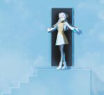  1girl :d black_pantyhose blue_background boots dress flower full_body grey_eyes grey_hair hair_flower hair_ornament hashtag-only_commentary highres isekaijoucho kamitsubaki_studio long_hair long_sleeves open_door open_mouth pantyhose shrug_(clothing) smile solo stairs standing suica_000 two-tone_dress virtual_youtuber white_boots white_dress white_shrug wide_sleeves yellow_dress yellow_flower 