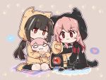  2girls :3 absurdres animal_ears animal_hood armband bangs black_gloves black_hair black_jacket black_legwear blush_stickers brown_background brown_jacket checkered chibi closed_mouth commentary_request dinergate_(girls_frontline) dotted_line eyebrows_visible_through_hair fake_animal_ears fake_tail girls_frontline gloves grey_hair heart highres hood hood_up hooded_jacket jacket kneehighs long_hair long_sleeves m4_sopmod_ii_(girls_frontline) m4_sopmod_ii_jr multicolored_hair multiple_girls outline pantyhose pink_hair plug_(feng-yushu) puffy_long_sleeves puffy_sleeves red_eyes red_hair ribbon_trim ro635_(dinergate) ro635_(girls_frontline) robot sitting sleeves_past_wrists spoken_heart streaked_hair tail v-shaped_eyebrows very_long_hair wariza white_outline 
