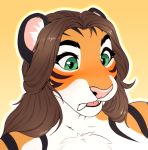  2020 anthro black_stripes brown_hair digital_media_(artwork) eyebrows eyelashes felid female fur green_eyes hair headshot_portrait mammal open_mouth orange_body orange_fur pantherine portrait simple_background smu striped_body striped_fur stripes teeth tiger tongue white_body white_fur 