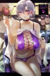  1girl alternate_costume aqua_nails azur_lane bangs bare_shoulders bikini black_choker blush bottle breasts chair choker cleavage commentary_request earrings flower highres jewelry large_breasts looking_at_viewer parted_lips purple_bikini purple_eyes reno_(azur_lane) reno_(summer_spin-off)_(azur_lane) see-through short_hair signo_aaa silver_hair sitting sweat swimsuit thighs window 