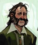  1boy blazer brown_hair collared_shirt disco_elysium facial_hair green_jacket grin hair_slicked_back harry_du_bois highres horrific_necktie jacket looking_at_viewer male_focus mutton_chops p3stie shirt smile solo white_shirt 