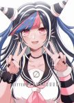  1girl :d bangs black_hair black_scrunchie blue_hair blush breasts choker collarbone criis-chan danganronpa double_v ear_piercing eyebrows_visible_through_hair fake_horns fangs hands_up horns jewelry lip_piercing long_hair looking_at_viewer mioda_ibuki multicolored_hair nail_polish neckerchief open_mouth piercing pink_eyes pink_hair ring sailor_collar school_uniform scrunchie serafuku shirt single_sleeve skirt smile solo striped_sleeves super_danganronpa_2 symbol_commentary thighhighs thumb_ring upper_body v white_hair white_shirt wrist_scrunchie 