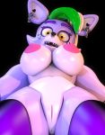  3d_(artwork) absurd_res animatronic anthro anus breasts canid canine canis claws clothing collar digital_media_(artwork) eyebrows facial_piercing female fingers five_nights_at_freddy&#039;s five_nights_at_freddy&#039;s:_security_breach genitals geometryboymejia green_hair hair half-closed_eyes hand_behind_head hi_res leggings legwear looking_at_viewer looking_back looking_down low-angle_view machine mammal narrowed_eyes nipples nose_piercing piercing purple_body pussy robot roxanne_wolf_(fnaf) septum_piercing solo spiked_collar spikes toe_claws video_games white_hair wolf yellow_eyes 
