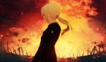  1girl ahoge artoria_pendragon_(all) black_jacket black_suit blonde_hair character_name commentary fate/stay_night fate_(series) hair_tie highres jacket long_hair planted_sword planted_weapon ponytail ryo_(piggerworld) saber solo sunset sword weapon 