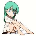  1girl aqua_hair barefoot beeru_(veil8801) blue_eyes bulma cassette_player closed_mouth collarbone commentary_request dragon_ball dragon_ball_(classic) earbuds earphones full_body highres long_hair looking_to_the_side open_clothes open_shirt shadow shirt simple_background sitting smile solo split_mouth white_background white_shirt 