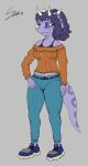 anthro black_bra black_clothing black_underwear blue_bottomwear blue_clothing blue_pants bottomwear bra breasts cavemanon_studios ceratopsian ceratopsid chasmosaurine clothed clothed_anthro clothed_female clothing colored dinosaur facial_horn female fingers footwear frill_(anatomy) full-length_portrait grey_background hair hand_on_hip hi_res horn humanoid_hands lorikani marginocephalian markings medium_breasts medium_hair model_sheet non-mammal_breasts orange_clothing orange_sweater orange_topwear ornithischian pants portrait pose prehistoric_species purple_eyes purple_hair reptile scalie sera_(snoot_game) shaded shoes simple_background smile snoot_game solo spots spotted_markings standing sweater tail topwear triceratops underwear