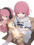  2girls animal blue_bow blue_eyes blunt_bangs bocchi_the_rock! bow child closed_mouth commentary_request dog dress gotoh_futari gotoh_hitori hair_between_eyes headphones highres holding holding_animal jacket kettle_(4693-42) long_hair long_sleeves looking_at_another looking_back multiple_girls open_mouth pet pink_hair pink_jacket sailor_collar sailor_dress school_uniform shiba_inu short_hair short_sleeves siblings sisters sitting smile socks track_jacket turning_head white_sailor_collar white_socks 