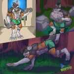 age_difference all_fours anthro belly_tuft black_body black_fur blue_eyes bottomwear boulder brown_body brown_fur canid canine chest_tuft claws clothing comic comic_panel crouching detailed_background digital_drawing_(artwork) digital_media_(artwork) digitigrade dumbbell exercise fangs finger_claws forest fur fur_markings furgonomic_bottomwear furgonomics grass greying_hair hi_res hotpants inside jewelry lifting_boulder lifting_object light male mammal markings moon moonlight multicolored_body multicolored_fur muscular muscular_male mythological_canine mythological_creature mythology necklace night notched_ear older_male outside plant ring rock running scar shorts sky solo standing steve_hayes tail teeth toe_claws tree tuft watermark weightlifting weights werecanid werecanine werecreature werewolf white_body white_fur wispypie workout