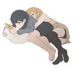  2girls absurdres barefoot black_hair black_panties black_shorts black_thighhighs blonde_hair blush braid cellphone closed_eyes cuddling grey_hoodie highres holding holding_phone hood hoodie hug hug_from_behind multiple_girls original panties phone shorts simple_background smartphone soles tank_top thighhighs twin_braids underwear white_background wood_pump yellow_eyes yellow_tank_top yuri 
