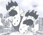  2019 absurd_res aircraft airship ambiguous_gender anthro barefoot bottomwear building canid canine canis car clothing crossed_ankles crush destruction foot_focus greyscale hi_res hindpaw macro mammal monochrome pawpads paws serb soles solo vehicle wolf 