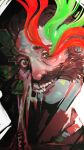  1boy bloodybitessquare body_horror brown_hair commentary disco_elysium english_commentary exposed_teeth facial_hair green_eyes grin hair_slicked_back half-closed_eye harry_du_bois highres looking_at_viewer male_focus melting mutton_chops portrait smile solo wide-eyed 