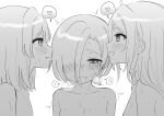  3girls ? ?? ahoge blush collarbone commentary_request daleka333 fang greyscale hair_over_one_eye half-closed_eyes heart heart-shaped_pupils highres long_hair love_live! love_live!_nijigasaki_high_school_idol_club medium_hair mia_taylor mifune_shioriko monochrome multiple_girls nose_blush nude profile r3birth_(love_live!) short_hair speech_bubble spoken_heart spoken_question_mark sweat symbol-shaped_pupils whispering whispering_in_ear yuri zhong_lanzhu 