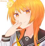  1girl black_sailor_collar blush clip_studio_paint_(medium) closed_mouth flower hair_flower hair_ornament highres long_hair long_sleeves looking_at_viewer nisekoi orange_eyes orange_flower orange_hair sailor_collar school_uniform serafuku simple_background smile solo tachibana_marika texus twitter_username upper_body white_background yellow_neckwear 