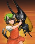  1girl :3 absurdres animal_ears bob_cut brown_hair cat_ears cat_tail chanta_(ayatakaoisii) chen closed_mouth flat_chest green_headwear hand_up hat highres medium_hair multiple_tails nekomata orange_background red_skirt red_vest rhinoceros_beetle shirt short_sleeves skirt slit_pupils solo tail touhou two_tails v vest white_shirt 