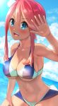 1girl :d bare_arms blue_eyes blush breasts cleavage cloud collarbone eyebrows_visible_through_hair hair_between_eyes hair_bun hair_ornament halterneck hand_up highres large_breasts light_rays looking_at_viewer navel open_mouth outdoors pokemon pokemon_(game) pokemon_bw red_hair sidelocks skyla_(pokemon) smile solo tan two-tone_swimsuit uenoryoma underboob upper_teeth water waving 