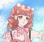  1girl bare_shoulders blue_sky bow bow_choker bowtie chinese_commentary choker closed_mouth cloud collarbone commentary_request copyright_name curly_hair dated day detached_sleeves drill_hair eyelashes fireworks frilled_sleeves frills hair_ornament highres infinity_nikki light_blush light_particles lipstick long_hair looking_ahead luoyuan087 makeup nikki_(series) nostrils outdoors pink_bow pink_bowtie pink_choker pink_lips pink_tank_top pom_pom_(clothes) pom_pom_hair_ornament red_hair short_sleeves sky smile solo striped_bow striped_bowtie striped_choker striped_clothes stylist_(nikki) tank_top two_side_up upper_body white_sleeves yellow_eyes 