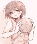  1boy alternate_eye_color ball basketball_(object) blush bright_pupils brown_eyes brown_hair commentary_request dark-skinned_male dark_skin grin highres holding holding_ball kel_(faraway)_(omori) kel_(omori) looking_at_viewer male_focus mimi_utlove omori open_mouth short_hair smile solo sweat teeth upper_body white_pupils 