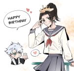  1boy 1girl :/ aqua_eyes black_eyes black_hair bleach bleach:_sennen_kessen-hen cake chibi chibi_inset commentary english_commentary food grey_hair haori happy_birthday heart high_ponytail highres hitsugaya_toushirou holding holding_cake holding_food japanese_clothes kurosaki_karin miniskirt pleated_skirt ponytail railing school_uniform serafuku shihakusho silegesi skirt spoken_star star_(symbol) taichou_haori tiara v 