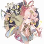  1girl absurdres chinese_commentary commentary_request cropped_torso earrings elysia_(hi_love_elf)_(honkai_impact) elysia_(honkai_impact) elysia_(lunar_grace)_(honkai_impact) feixianji_(hairstyle) hair_ornament hair_rings highres holding honkai_(series) honkai_impact_3rd jewelry long_hair looking_at_viewer official_alternate_costume parted_lips pink_hair pointy_ears purple_eyes shuangyaji smile solo wang_man 