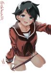  1girl ahoge artist_name bare_legs black_hair blush buruma buruma_pull collarbone commentary_request ebifurya eyebrows eyebrows_visible_through_hair grey_eyes hands_on_thighs head_tilt highres kantai_collection long_sleeves looking_at_viewer midriff_peek mogami_(kantai_collection) open_mouth panties panty_pull red_buruma red_panties red_shirt school_uniform serafuku shirt short_hair simple_background smile solo thighs twitter_username underwear underwear_pull undressing white_background 