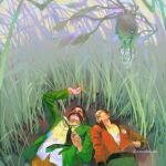  2boys black_hair blazer bomber_jacket brown_hair collared_shirt disco_elysium facial_hair glasses green_jacket hand_in_pocket hand_up harry_du_bois highres horrific_necktie insulindian_phasmid jacket kim_kitsuragi looking_up lying multiple_boys mutton_chops nandesu03 nature on_back orange_jacket outdoors shirt white_shirt 