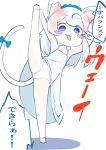 1girl :3 animal_ears arms_up blue_bow blue_dress blue_eyes blue_hairband blush blush_stickers bow cat_ears cat_tail cluseller commentary_request dress dress_lift ear_blush eyebrows_visible_through_hair flat_chest hairband happy leg_up long_hair looking_at_viewer multicolored multicolored_eyes open_mouth original panties sidelocks simple_background sketch sleeveless sleeveless_dress smile solo spaghetti_strap speech_bubble split standing standing_on_one_leg standing_split tail tail_bow tail_ornament talking translation_request underwear v v_over_eye white_background white_hair white_panties yellow_eyes 