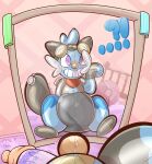 after_transformation ambiguous_gender animate_inanimate anthro aqua_(innocentenough) artist_name baby_bottle band-aid band-aid_on_face band-aid_on_nose bandage bandage_on_face bandage_on_nose black_body black_diaper black_ears black_tail blue_body carpet clean_diaper crib dewott diaper diaper_creature ellipsis english_text eyewear eyewear_on_head featureless_feet featureless_hands feet fingerless_(marking) fingerless_gloves_(marking) first_person_view generation_5_pokemon glistening glistening_body glistening_diaper gloves_(marking) goggles goggles_on_head hand_on_face handle handles_on_shoulders hi_res inflation_valve innocentenough interrobang_ellipsis kerchief latex_diaper leg_markings living_pool_toy looking_at_mirror looking_at_object markings mirror multicolored_body neckerchief neckwear nintendo orange_nose permanent_smile pokeball pokemon pokemon_(species) purple_carpet red_kerchief red_neckerchief signature sitting socks_(marking) solo splatinkle tail text text_on_container wall_(structure) whiskers white_whiskers