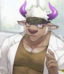  /\/\/\ 1boy alternate_costume animal_ears bara black-framed_eyewear camouflage chest_hair coat covered_abs cow_boy cow_ears cow_horns furry glasses goshiki green_tank_top hand_up headband horns labcoat male_focus muscle one_eye_closed open_clothes open_coat pectorals purple_eyes purple_horns shennong_(tokyo_afterschool_summoners) short_hair sideburns solo tank_top tokyo_houkago_summoners white_hair 
