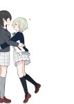  2girls anata-chan_(love_live!) black_hair black_jacket black_socks breasts brown_shoes closed_eyes collared_shirt commentary_request daleka333 dress_shirt facing_another green_ribbon grey_socks height_difference highres jacket kneehighs letterman_jacket loafers long_sleeves love_live! love_live!_nijigasaki_high_school_idol_club love_live!_school_idol_festival_all_stars medium_breasts medium_hair mia_taylor miniskirt multiple_girls neck_ribbon nijigasaki_school_uniform open_clothes open_jacket open_mouth pinstripe_socks pleated_skirt profile red_ribbon ribbon school_uniform shirt shoes skirt smile socks white_shirt white_skirt winter_uniform yuri 
