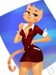  2020 3:4 anthro bedroom_eyes breasts cleavage clothed clothing domestic_cat dress felid feline felis female front_view hand_on_hip hayop_ka! hi_res looking_at_viewer mammal narrowed_eyes nimfa_dimaano pinup portrait pose red_clothing red_dress seductive solo squishybolts standing three-quarter_portrait undressing uniform 