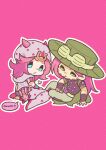  2boys absurdres beanie beard belt belt_buckle blue_eyes bridal_gauntlets buckle cape chibi chibi_only commentary cowboy_hat facial_hair goggles goggles_on_headwear green_cape green_eyes green_hat grey_hat grey_hoodie grey_pants gyro_zeppeli hat highres hood hood_down hoodie horseshoe_hat_ornament horseshoe_ornament johnny_joestar jojo_no_kimyou_na_bouken long_hair m_a_a_m_8 male_focus multiple_boys outline pants pink_background pink_hair purple_bridal_gauntlets purple_shirt shirt short_sleeves sitting stand_(jojo) star_(symbol) star_print steel_ball_run tusk_(stand) tusk_act1 white_outline wristband yellow_belt 