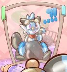 after_transformation ambiguous_gender animate_inanimate anthro aqua_(innocentenough) artist_name baby_bottle band-aid band-aid_on_face band-aid_on_nose bandage bandage_on_face bandage_on_nose black_body black_diaper black_ears black_tail blue_body carpet crib dewott diaper diaper_creature ellipsis english_text eyewear eyewear_on_head featureless_feet featureless_hands feces feet fingerless_(marking) fingerless_gloves_(marking) first_person_view generation_5_pokemon glistening glistening_body glistening_diaper gloves_(marking) goggles goggles_on_head hand_on_face handle handles_on_shoulders hi_res inflation_valve innocentenough interrobang_ellipsis kerchief latex_diaper leg_markings living_pool_toy looking_at_mirror looking_at_object markings mirror multicolored_body neckerchief neckwear nintendo orange_nose permanent_smile pokeball pokemon pokemon_(species) purple_carpet red_kerchief red_neckerchief signature sitting socks_(marking) soiled_diaper solo splatinkle stink_fumes tail text text_on_container unclean_diaper used_diaper wall_(structure) whiskers white_whiskers