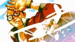  2boys aged_down aircraft airplane aviator_goggles black_eyes black_hair bomber_jacket disco_elysium dual_persona dutch_angle falling glasses gloves hand_up highres jacket kim_kitsuragi light_particles male_focus multiple_boys nandesu03 orange_gloves orange_jacket orange_shirt outstretched_arm paper_airplane parted_lips round_eyewear shirt sidelighting t-shirt white_shirt 