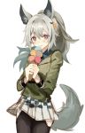  1girl :p animal_ears arknights bangs black_legwear blush closed_mouth commentary_request cowboy_shot en_(shisui_no_utage) eyebrows_visible_through_hair food grani_(arknights) grani_(miraculous_moment)_(arknights) green_jacket hair_ornament hairclip hip_vent holding holding_food horse_ears horse_girl horse_tail ice_cream jacket long_hair long_sleeves looking_at_viewer miniskirt pantyhose purple_eyes silver_hair skirt smile solo sweatband tail tongue tongue_out white_skirt 