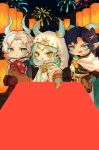 1girl 2boys aerial_fireworks belt black_hair black_shirt blue_hair blue_horns blue_scales blue_skin bracelet bridal_gauntlets brown_belt brown_bridal_gauntlets character_request chenzui18100 chinese_commentary chinese_new_year circlet cloak coat colored_extremities colored_skin commentary_request dragon_boy dragon_girl dragon_horns fireworks giving gold_bracelet gold_circlet gold_necklace gold_ring hand_on_own_hip happy highres holding holding_paper holding_stuffed_toy hongbao hood hood_up hooded_cloak horns horns_through_hood infinity_nikki jewelry lantern long_hair looking_at_viewer medael_(infinity_nikki) midriff multiple_boys necklace night nikki_(series) open_mouth outdoors pants paper paper_lantern parted_bangs pointy_ears shirt short_hair slit_pupils smile stuffed_animal stuffed_horse stuffed_toy white_cloak white_coat white_hair white_pants white_shirt yellow_eyes 