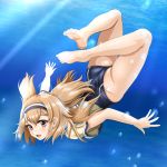  1girl air_bubble ass brown_eyes bubble diving eyebrows_visible_through_hair freediving green_jacket hair_ribbon hairband i-26_(kantai_collection) jacket kantai_collection light_brown_eyes light_brown_hair long_hair looking_at_viewer new_school_swimsuit ocean one-piece_swimsuit open_mouth ribbon sailor_collar school_swimsuit short_sleeves solo submerged swimming swimsuit swimsuit_under_clothes thighs tk8d32 two-tone_hairband two_side_up underwater 