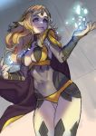  1girl absurdres blonde_hair blue_eyes breasts cape cleavage closed_mouth covered_navel dog_hate_burger fire_emblem fire_emblem_fates fire_emblem_heroes highres indoors long_hair looking_to_the_side magic ophelia_(fire_emblem) simple_background smile solo standing 